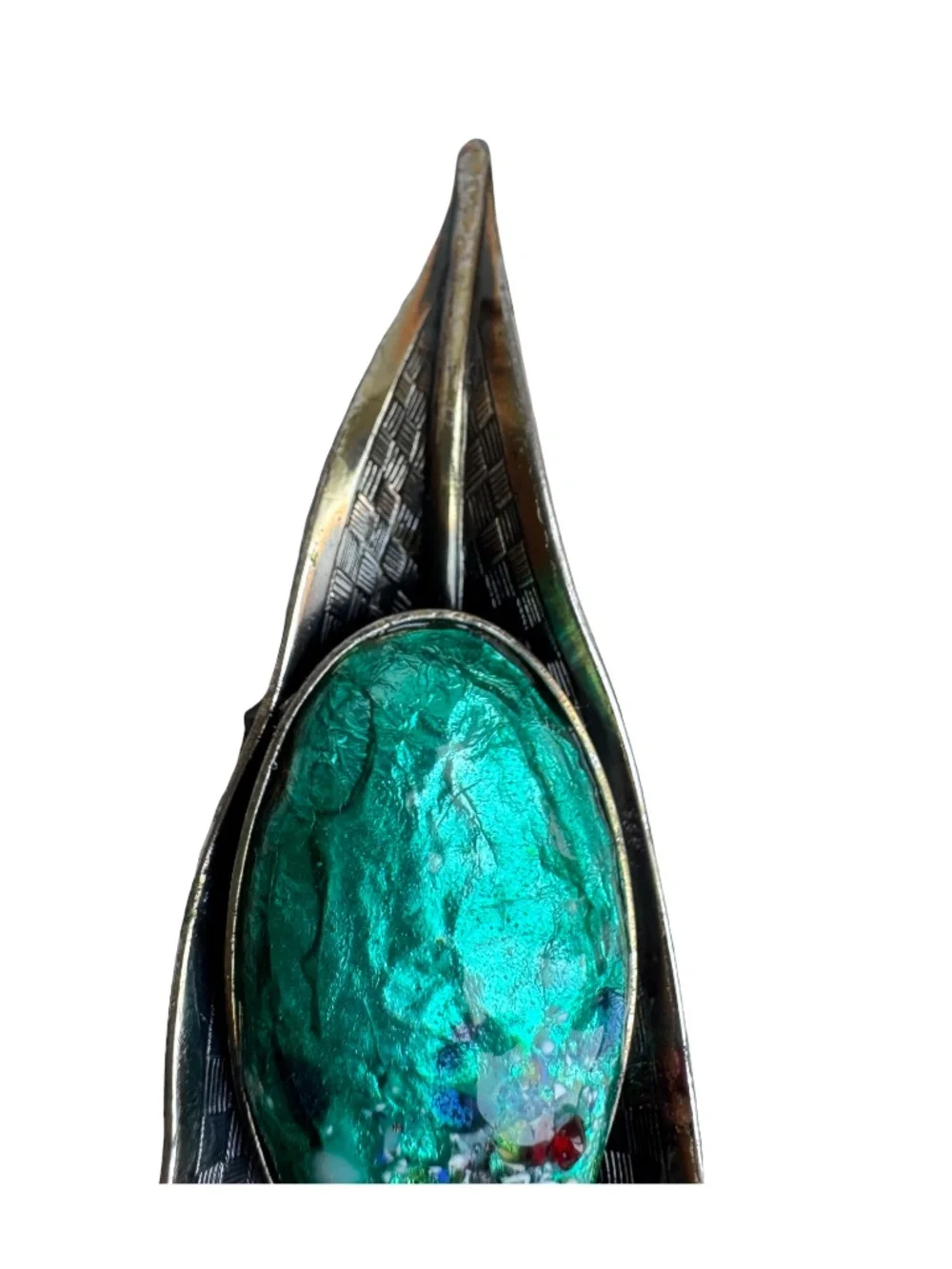 Vintage Japanese Cloisonne Brooch Green Enamel Leaf Silver Tone Statement Pin